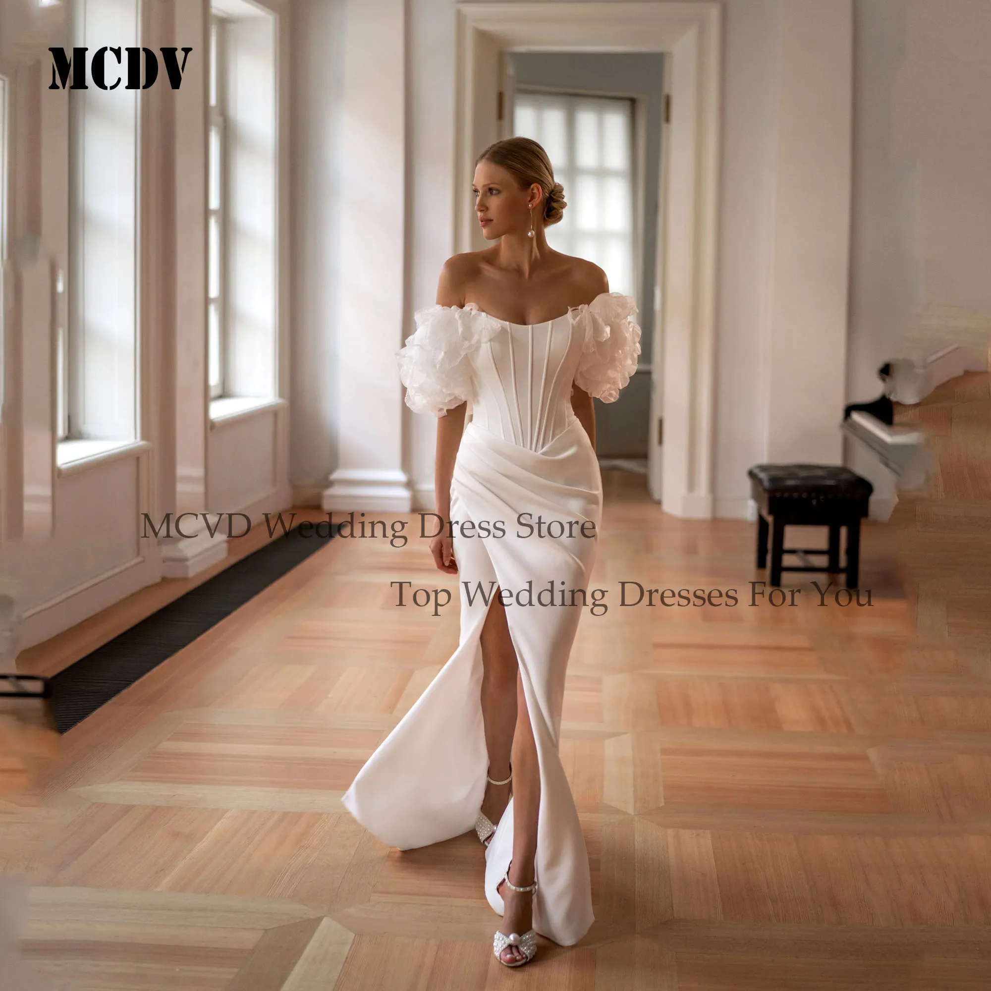 MCDV Flowers Strapless Mermaid Wedding Dresses 2025 Bride Off Shoulder Satin Bridal Party Gowns Customized vestidos de novia