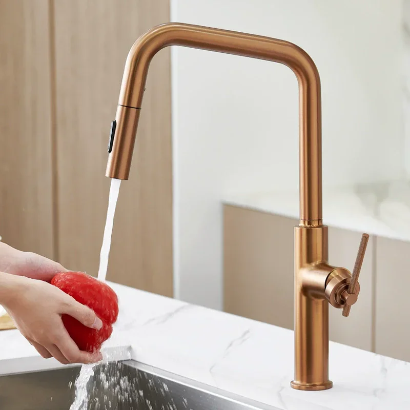 Brushed Rose Gold Pull Out Kitchen Faucets Brush Gold Sink Faucets Brass Sink Tap Rotating Spout Mixers Tap Hot Cold Water Crane