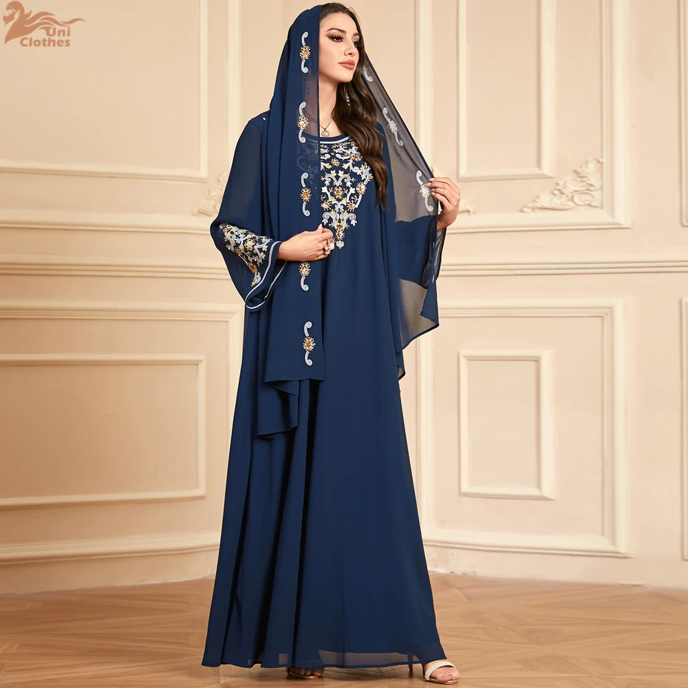 Eid Djellaba Embroidery Abaya Dubai Kaftan Women Muslim Dress with Hijab Islam Jalabiya Ramadan Caftan Femme Robe Khimar Vestido