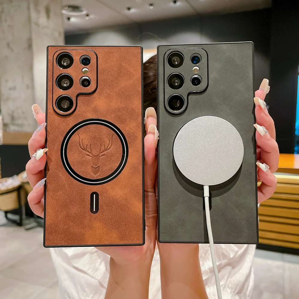 Cartoon Deer Head PU Leather Magnetic Case For Magsafe Samsung Galaxy S26 S24 S25 Ultra S23 S22 Note20 Plus Ultra Magnetic Cover