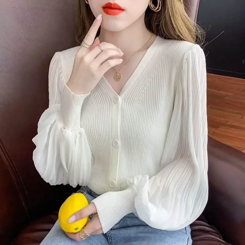 

Spring Autumn New Spliced Knitted Top Women's V-neck Long Sleeve Knittwear T-shirt Solid Color Bottoming Shirt