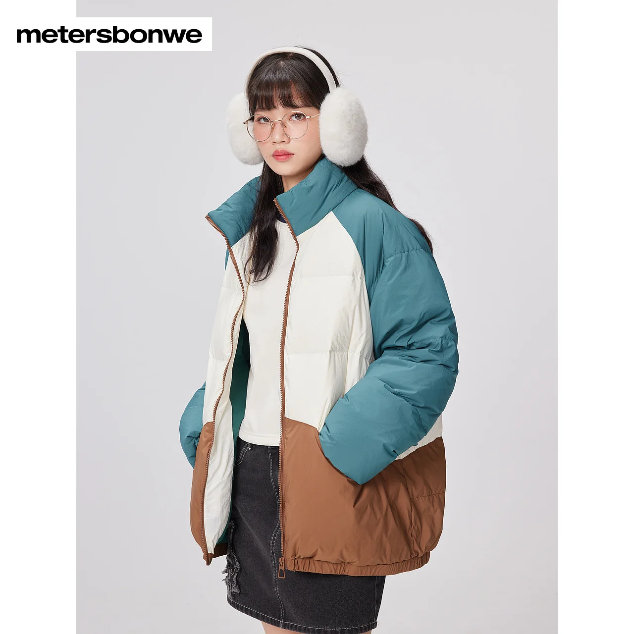 Metersbonwe-Men's And Women's  Jacket Puffer Vintage Color Clash Loose Campus Student Youth Casual Warm Wear ouple  CWinter