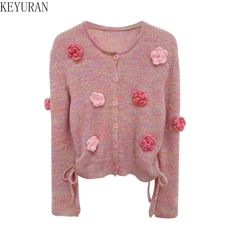 Sweet Three-dimensional Flower Pink Knitted Cardigan Women\'s Autumn Winter O-Neck Long Sleeve Drawstring Design Casual Sweater