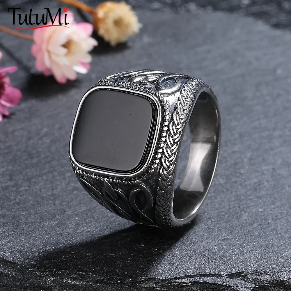 Pierścionki ze srebra próby 925 w stylu vintage z naturalnym czarnym agatem o wymiarach 11*13mm, kwadratowe, idealne na prezent, elegancka biżuteria męska.