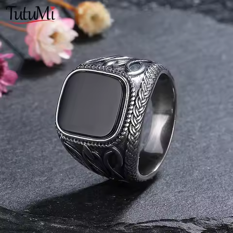 Vintage 925 Sterling Silver Rings With Natural 11*13mm Black Agate Ring Square Shape Party Gifts Fine Jewelry For Men