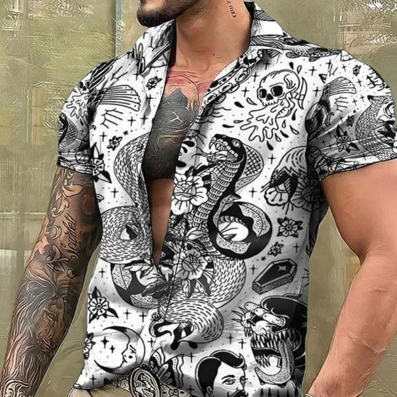 Summer Men's Lapel Single Breasted Cardigan Graffiti Plant&Flowers Printed Short Sleeved Tee Shirt Fashion Casual Vacation Tops