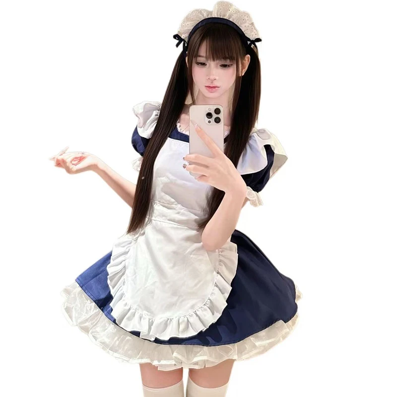 Anime Klassisches Engel-Stil Dienstmädchenkleid in Marineblau Kaffeehaus-Halloween-Kostüm Kellnerin-Party-Cosplay mit Schürze Karnevalskleidung