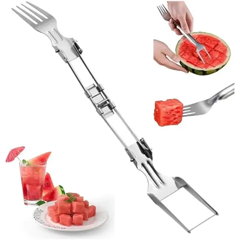 2-in-1 Stainless Steel Fruit Cutter Watermelon Slicer Cutter Melon Cube Cutter Fork