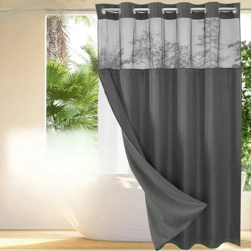 Double Layer Grommet Curtain Waffle Pattern Polyester Fabric Waterproof Mildew Proof For Home Bathroom Privacy with Hookless