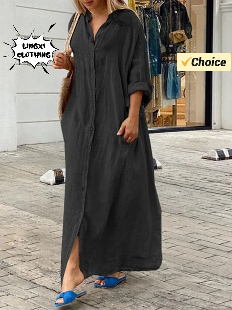 2024 New Women\'s Cotton and Hemp Loose Robe Summer Beach Sunscreen Clothing Cotton and Hemp Single Breasted Long Shirt Dress