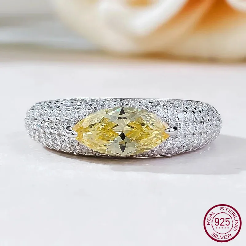 

Longlong Gold New 925 Silver Luxury Set with Full Diamond 5 * 10 Yellow Diamond Horse Eye Personalized Ring for Women