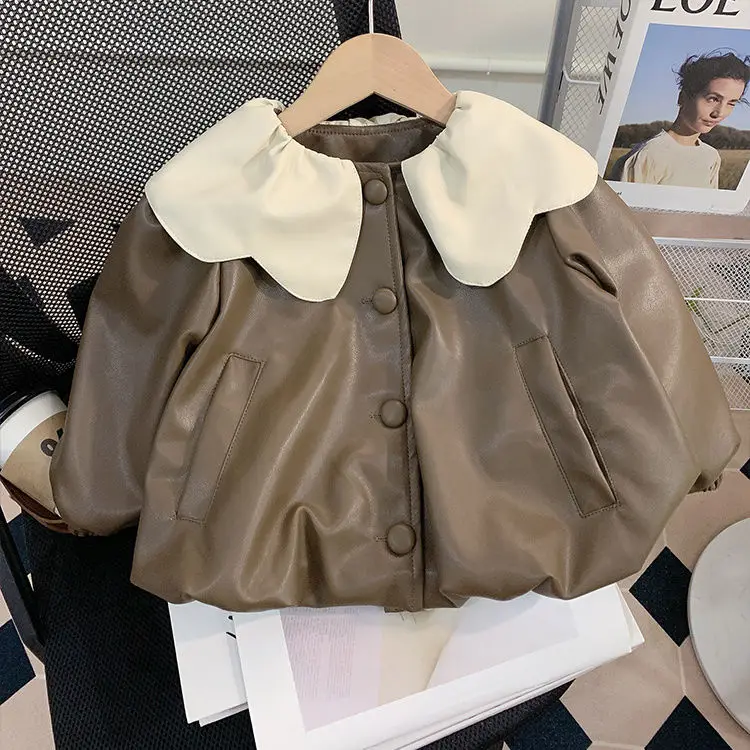 Baby Girls Coats Leather Jacket Fashion Turn-down Collar 2024 Autumn New Korean Style Childrens Fur Coats Clothe