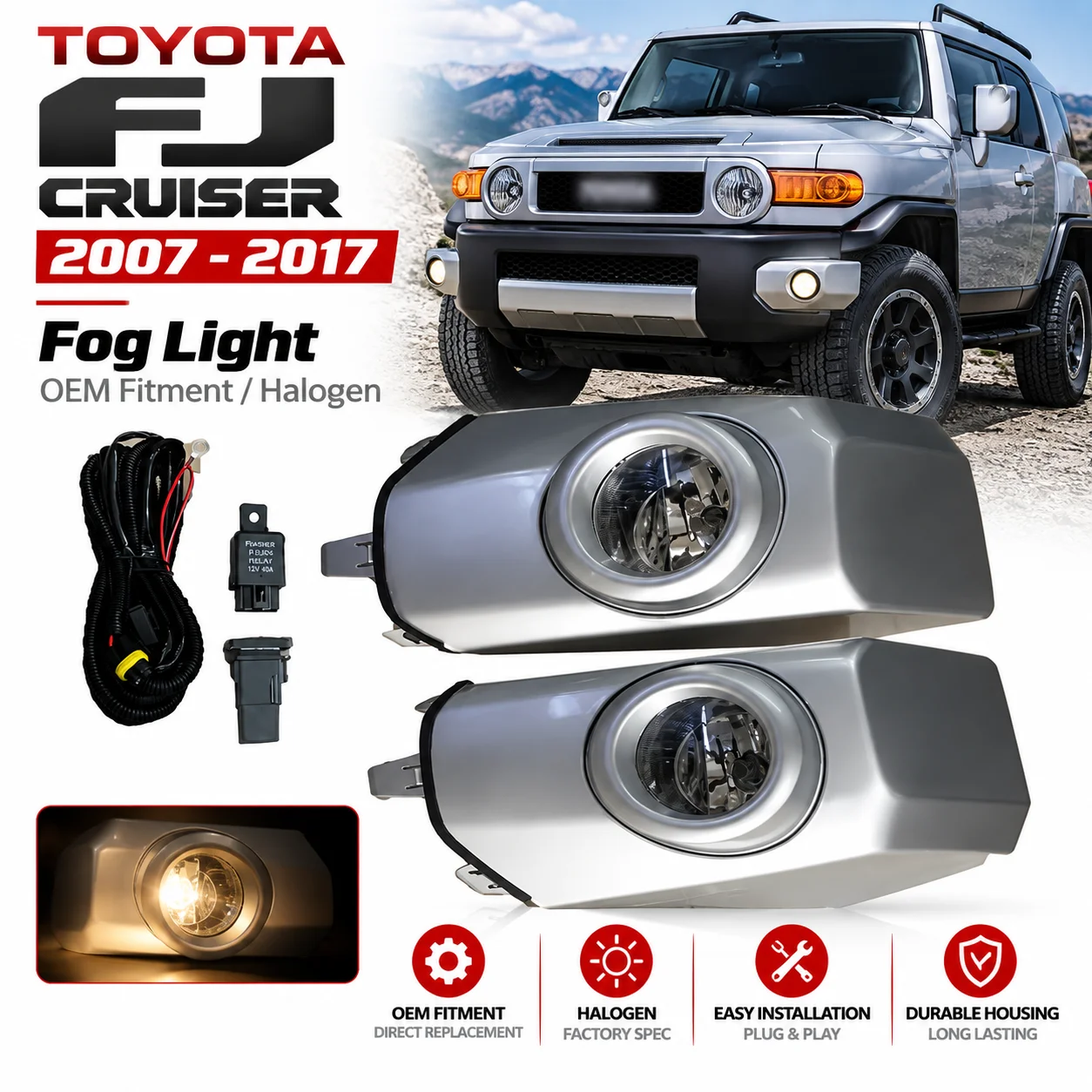 1 Set Fog Light Daytime Running Light Silver For Toyota FJ Cruiser 2007 2008 2009 2010 2011 2012 2013 2014 2015 2016 2017