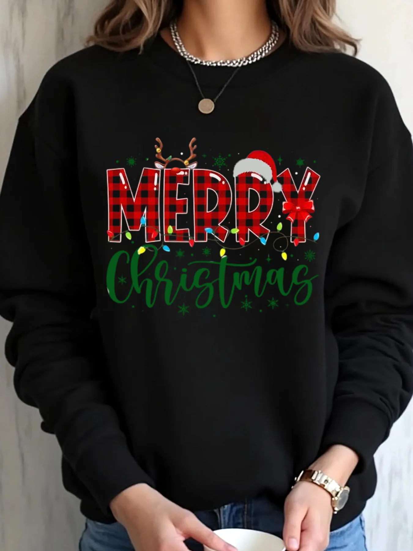 

Женская толстовка большого размера в рождественскую клетку с оленями, шляпа Санта-Клауса, верхняя одежда с рождественским принтом