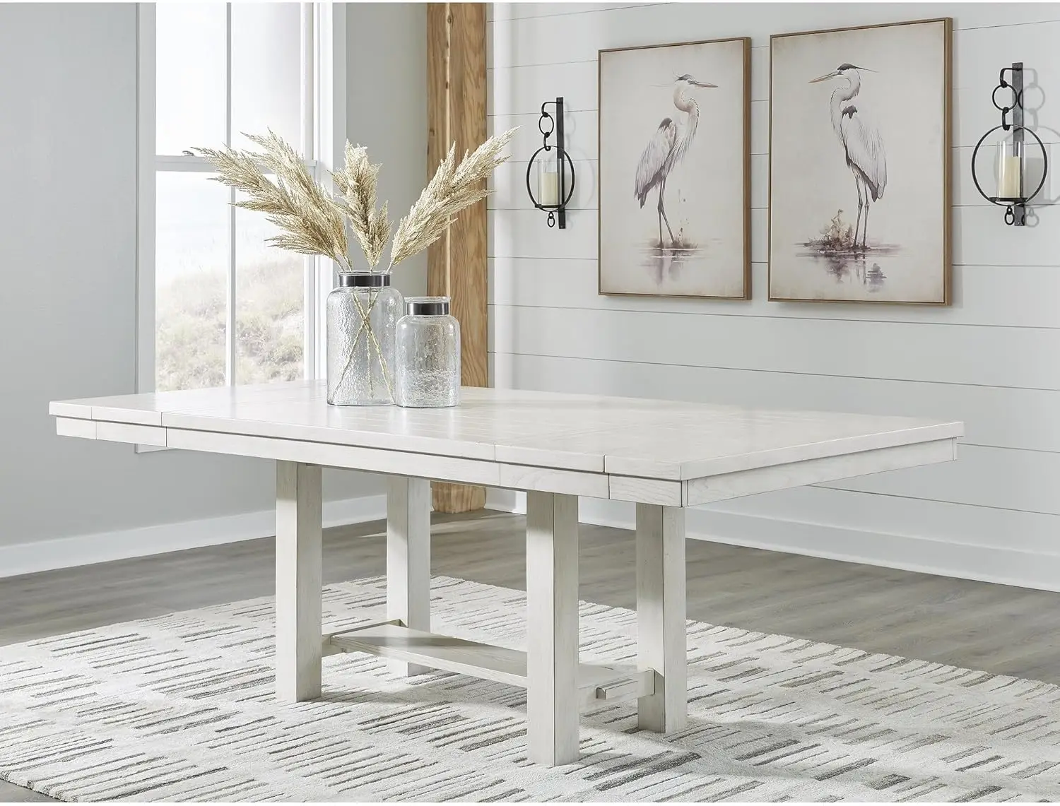 Casual Removable Center Leaf Dining Extension Table with Trestle Base, White