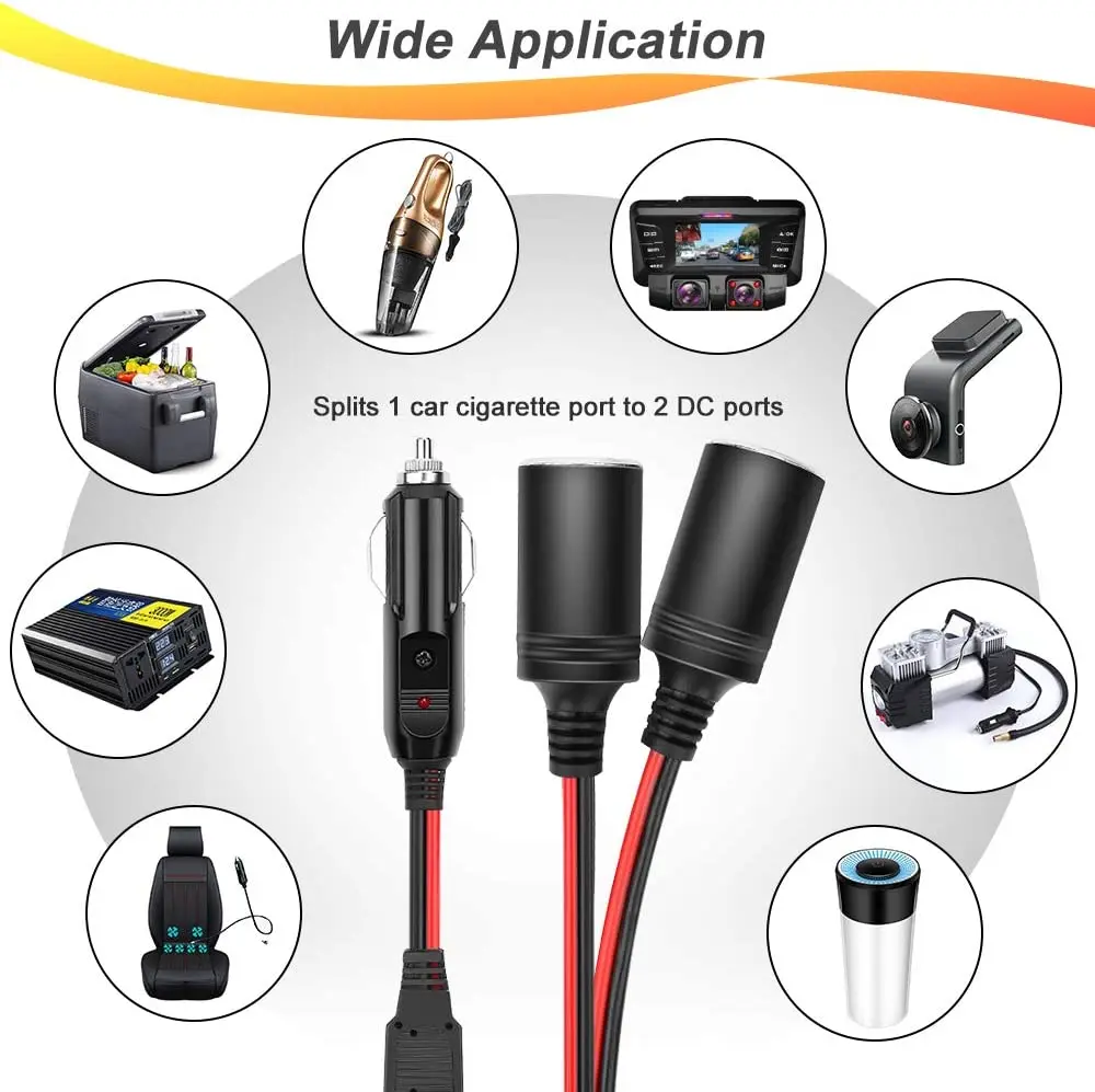 Extractme 1 a 2 adaptador divisor de isqueiro de carro porta de carregador de energia 16awg 12/24v tomada divisor de 2 vias com fusível 15a