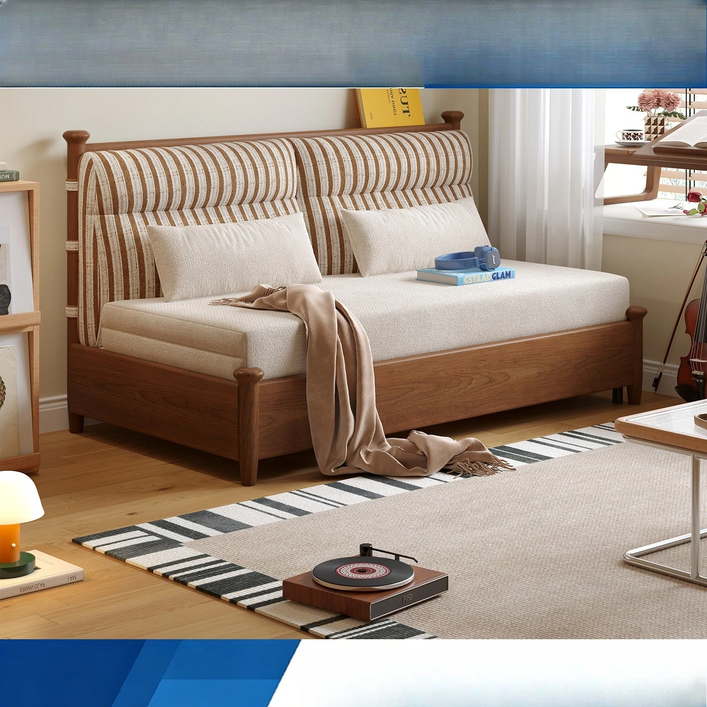 Medieval solid wood sofa bed Small apartment foldable integrated living room fabric sofa bed