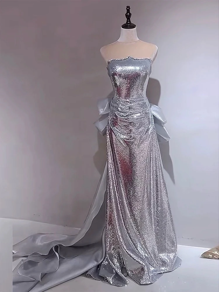 Silvery Princess Evening Dresses Boat Neck Lace-up Sleeveless Long Bow Trailing Engagement Wedding Party Ball Gowns 2024