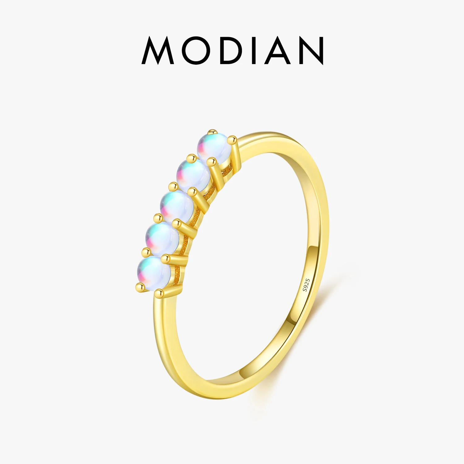 MODIAN 925 Sterling Silver Simple Prong Setting Moonstone Finger Ring Fashion Gold Color Stackable Jewelry For Women Gfit