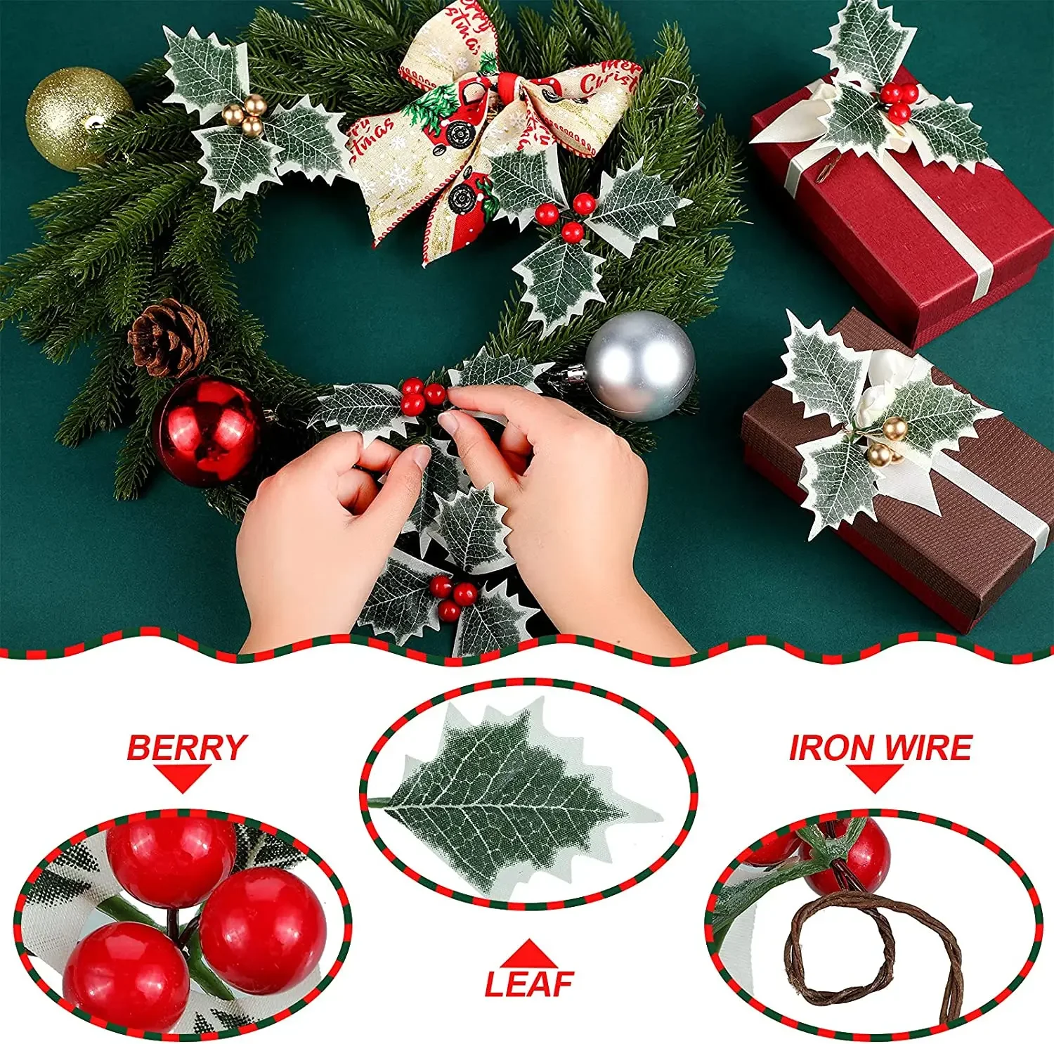 10–100 Stück künstliche Stechpalmenbeeren mit Blättern für Weihnachtskranz, Blumenarrangement, Geschenk, Scrapbooking, Dekor, gefälscht, 5/6 cm – Detail 3