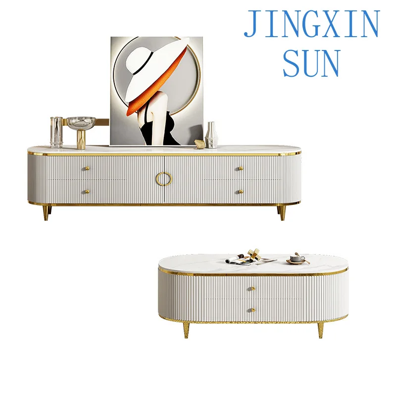 Light luxury TV cabinet oval coffee table combination post-modern extremely simple high-end rock slab stainless steel