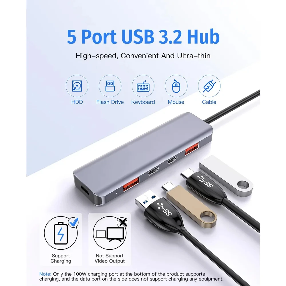 FORIDA USB C Hub 10Gbps USB C Splitter 100W Power Charging USB 3.2 Hub for Laptop MacBook Air/Pro iPhone 15/15 Pro/15 Pro Max