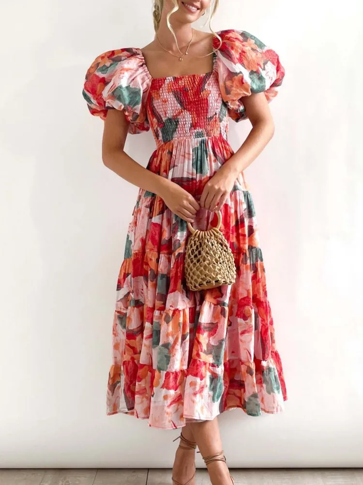 

Spring New Comfortable Casual Dress Women's Elegant Puff Sleeve A-line Collar Vacation High-waisted Slimming Printed Dresses