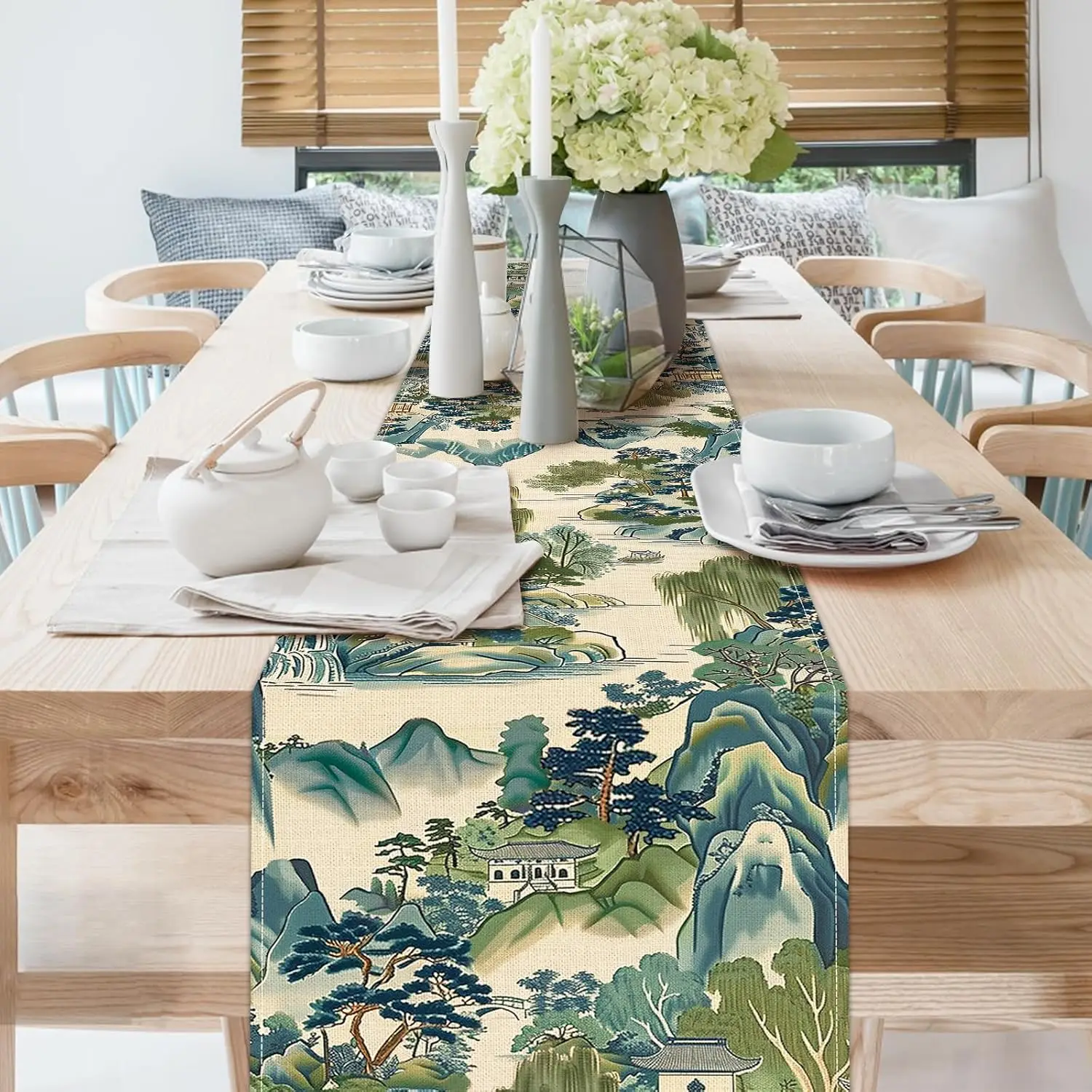 Chinoiserie Landscape Painting Linen Table Runner Home Table Decor Reusable Kitchen Dining Table Runner Holiday Party Decor