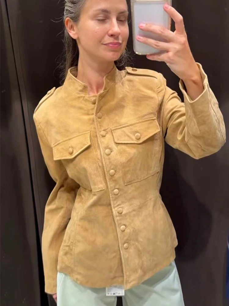 TFMLN New Women's Slim Suede Jacket Single Breasted Full Sleeve Pockets Female Coats 2026 Autumn Solid Commute Outerwear