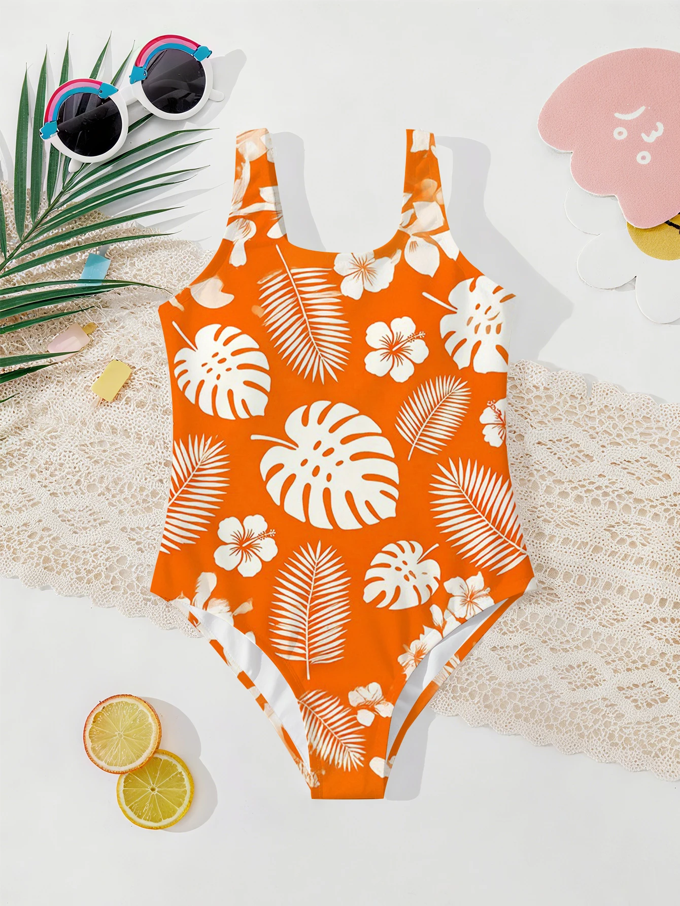 Girls' Summer Style Atmospheric Floral and Leaf Pattern Fashionable Tight One-piece Swimsuit