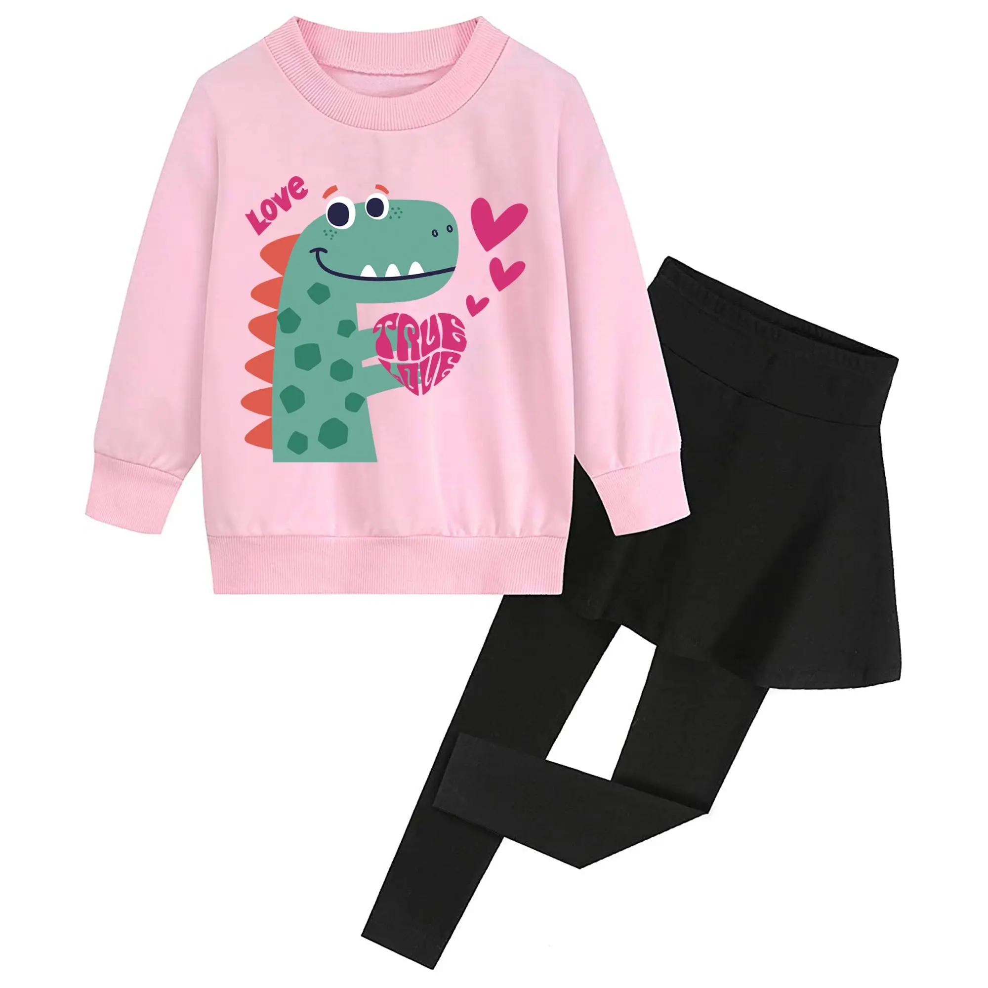 Little Hand Valentine Girls 2‑Piece Suit Pink Long‑Sleeve Dinosaur‑Graphic Sweatshirt + Black Skirt‑Leggings Casual Outfit 3-10T