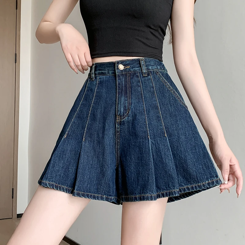 L-6XL حجم كبير الدنيم السراويل للنساء صيف 2025 السماء الزرقاء أو الأزرق اللون واسعة الساق فضفاضة مطوي شورتات جينز صغيرة النساء الجينز