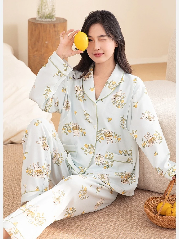 

100% Cotton Sleepwear Autumn Winter Home Clothing Long Sleeve Flower Print Pajama Set For Women Spring Outer Wear Homewear