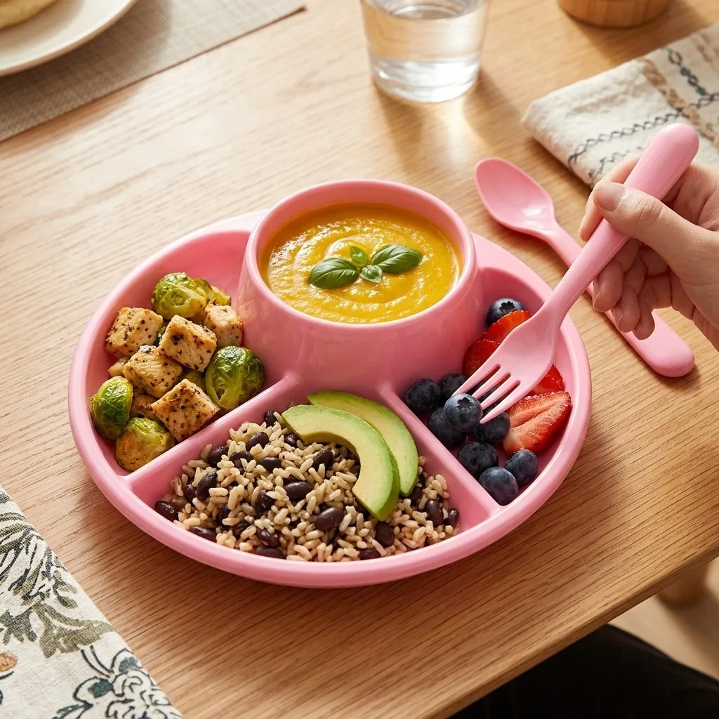 Portion Control Divided Plates for Adults Kids Student Reusable Plastic Food Plate Tableware with Utensils Microwave Safe