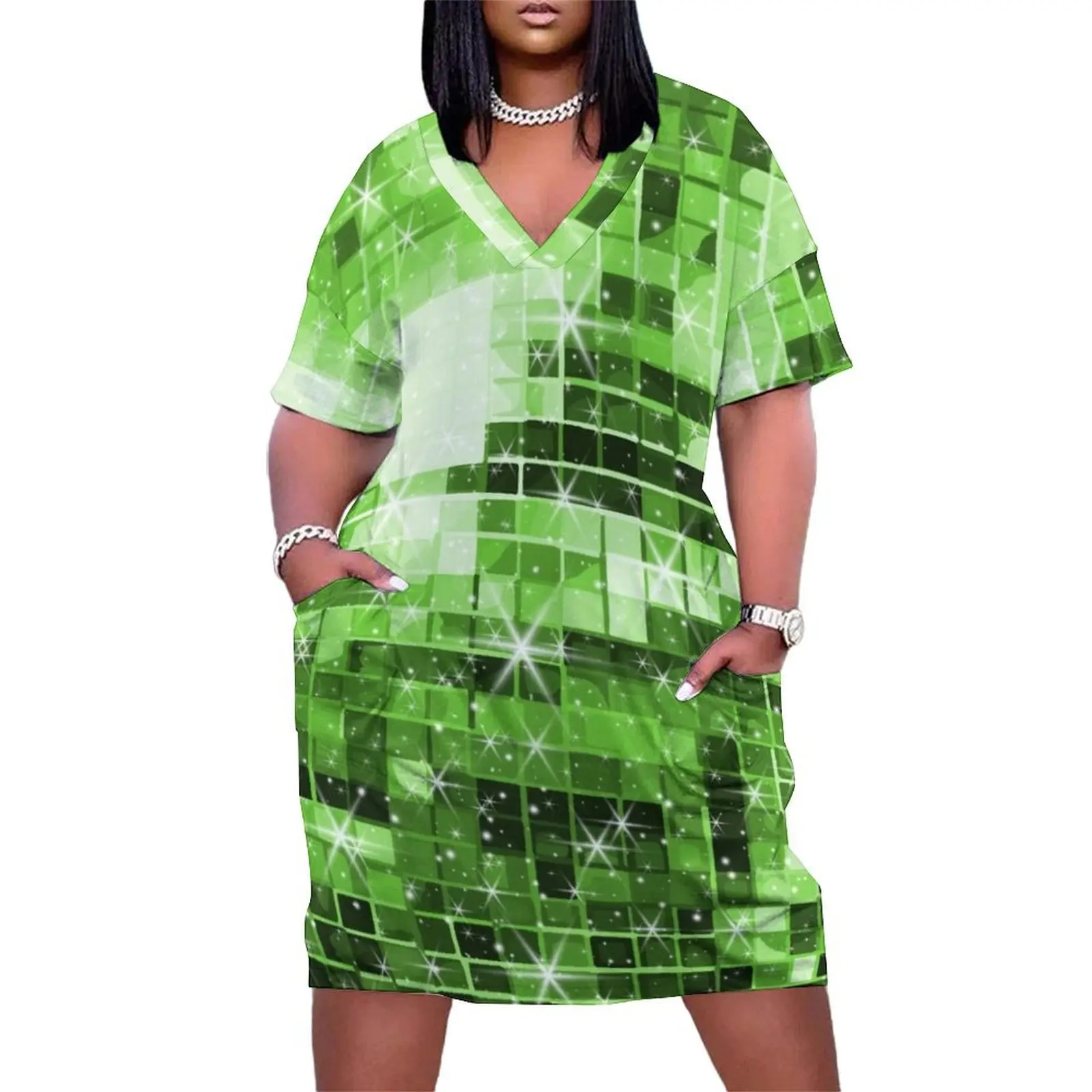 Twinkle Green Disco Ball Pattern Loose Pocket Dress elegant dress woman dress