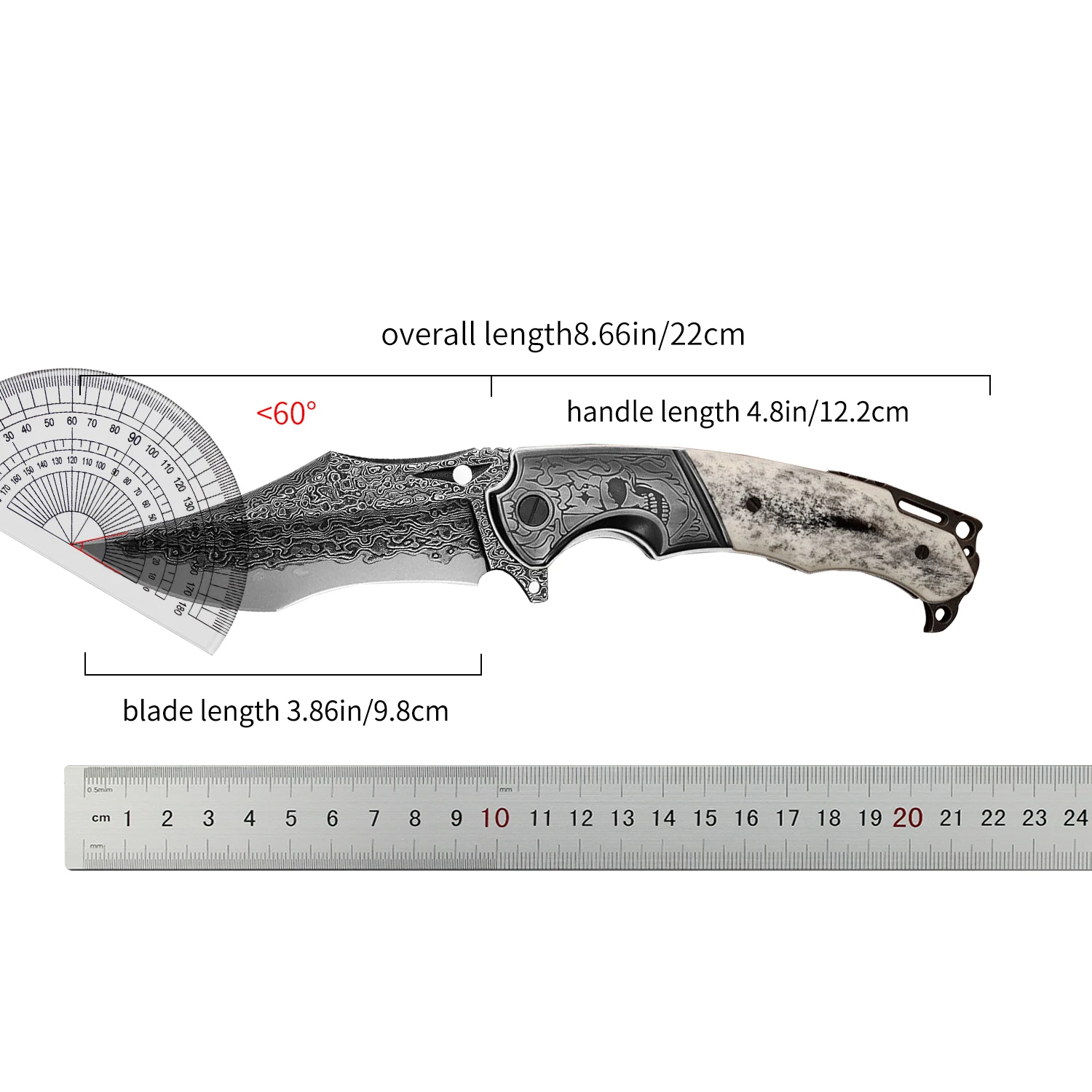 Newootz Hand Forged Damascus Steel Folding Knife Dyed Bone Handle EDC Camping Survival Tool with Leather Sheath