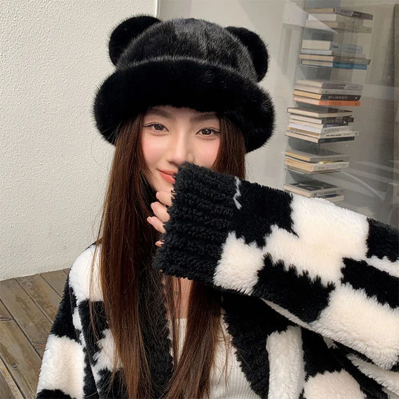 New Women's Elegant Fisherman Hat WInter Natural Mink Hair Warm Hat Outdoor Real Fur Casual Korean Fashion Top Hat 2023