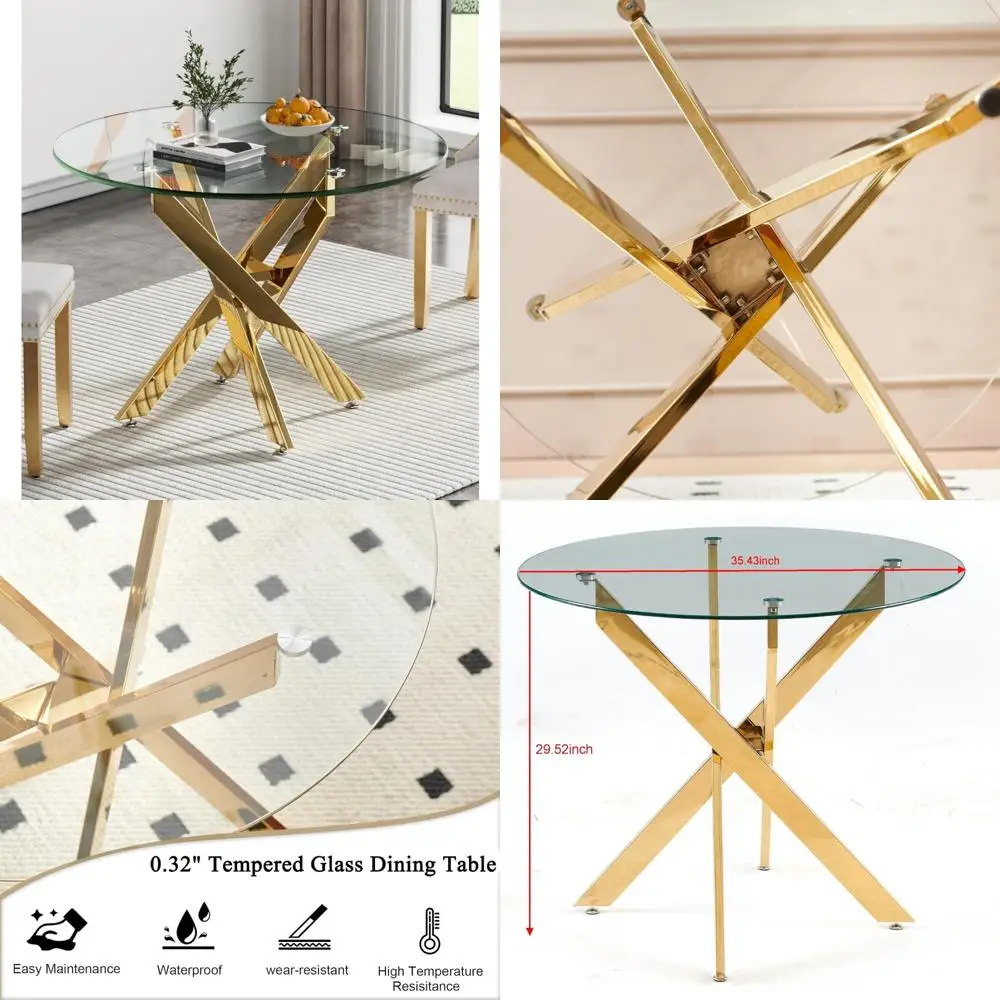 Mesa de comedor moderna de vidrio transparente para 4 plazas con patas de metal dorado, perfecta para espacios de cocina contemporáneos