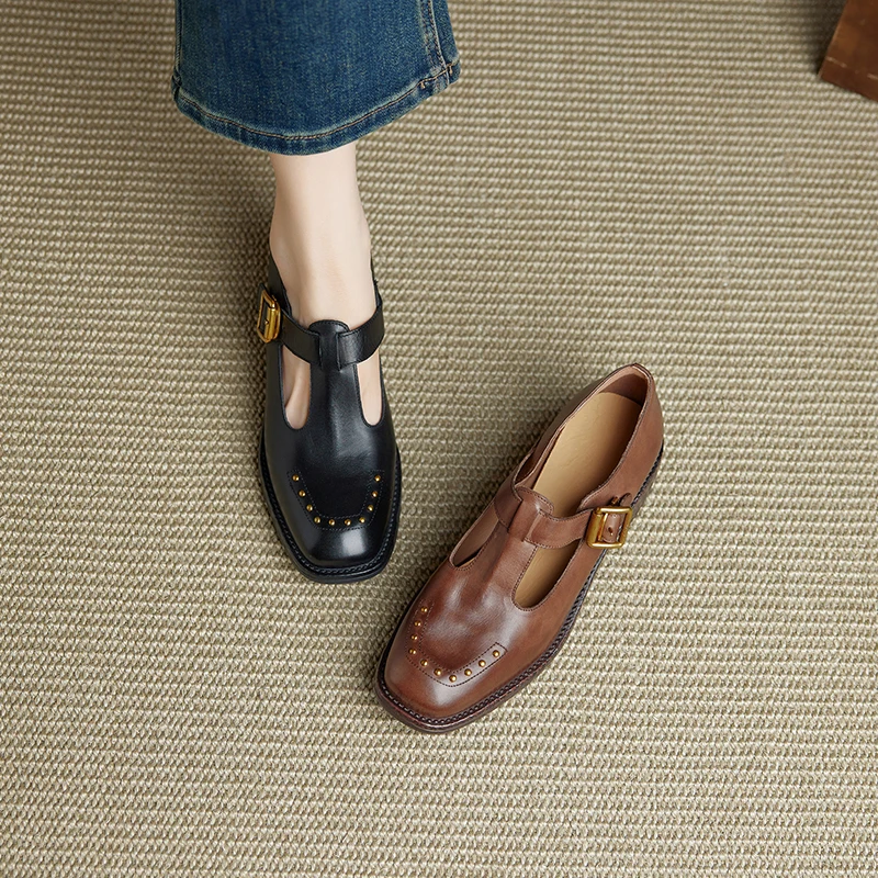 2026 spring summer women pumps natural leather plus size 22-25cm cowhide+pigskin t-buckle loafers rivet thick heel women shoes