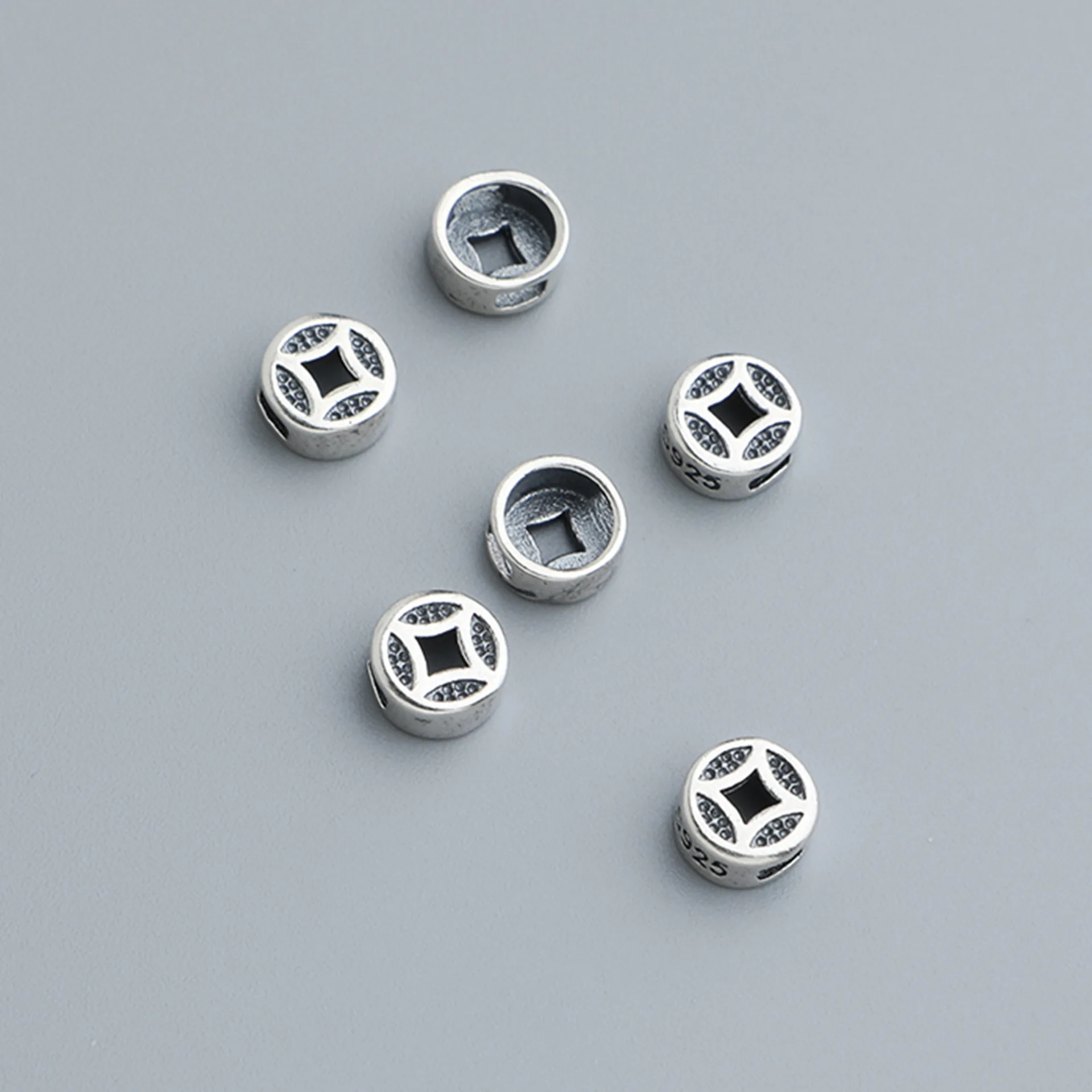 1pc 925 Sterling Silver Vintage Antique Coins Beads 6.2mm Handmade Strings Rope Bracelets Charm Spacers DIY Jewelry Findings