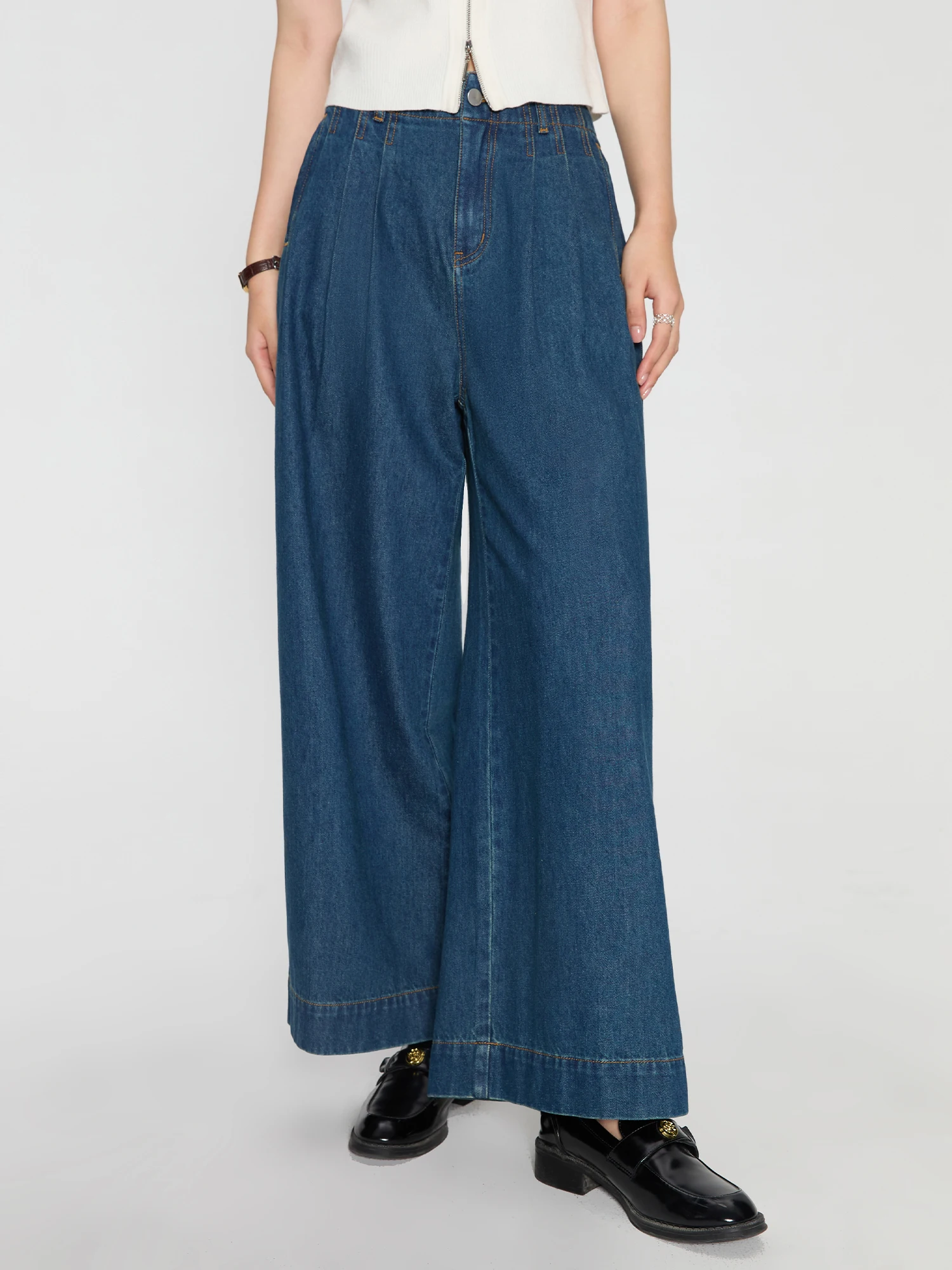 DUSHU Female Jeans Women Wide Leg Trousers High Waist Pleated Design Office Lady Autumn Full Length Denim Blue Pant 24DS83095