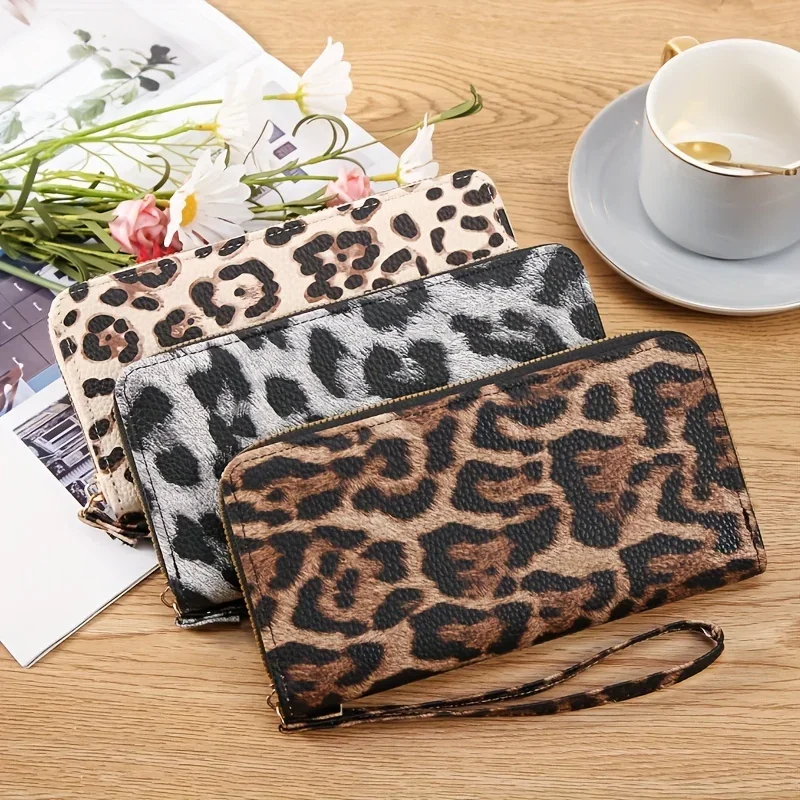 Vintage-Geldbörse mit langem Handgelenk und Leopardenmuster, modische und vielseitige kleine Tasche