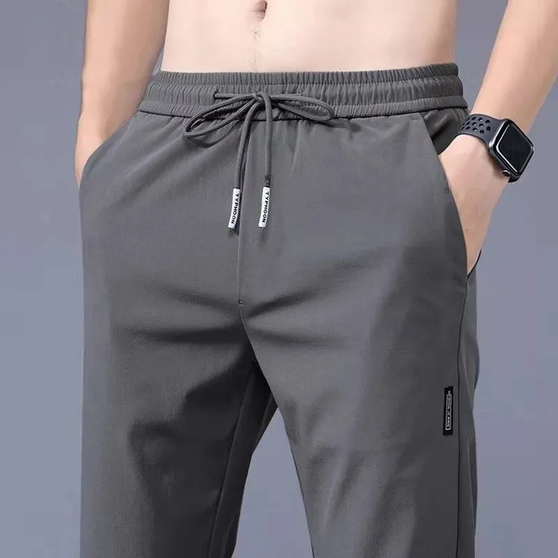 Ice Silk Men's Pants 2023 Summer New Black Gray Thin Business Casual Pants Outdoor Elastic Breathable Straight Leg Sweatpants