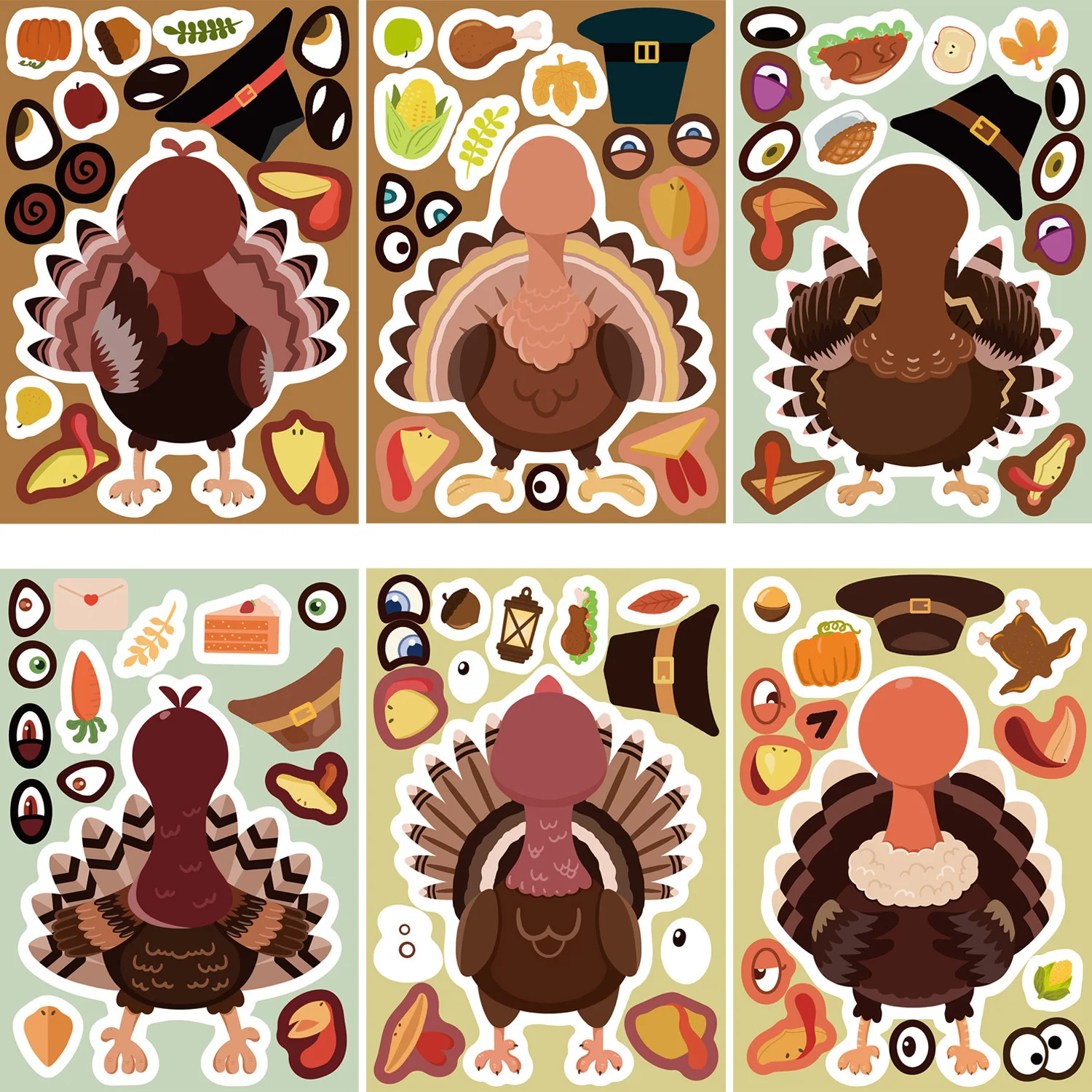 8/16sheets Thanksgiving Day Puzzle Stickers Make a Face Sticker Kids Toy Funny Turkey Decals Gift Waterproof Decoration Graffiti