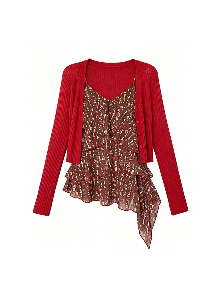

Unique Beautiful Red Knitted Open Cardigan And Irregular Strap Dress Women's Fashion Set Summer Casual Style High Waist Breat...