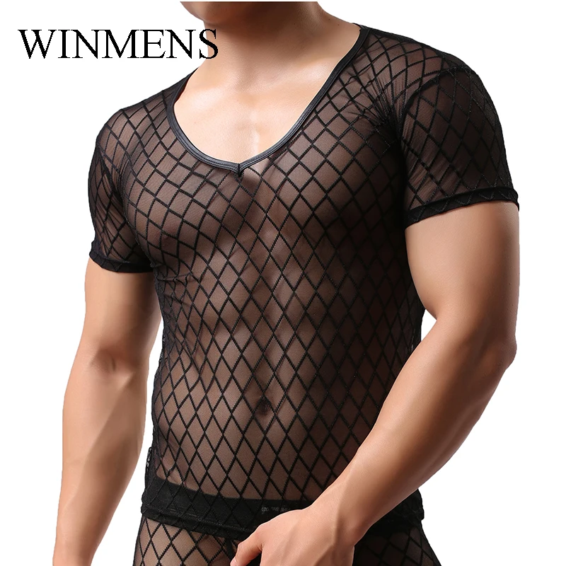 Adult Men\'s Undershirts Diamond Mesh Breathable Black See Inner O-neck Short Sleeves Sheer Fishnet Fitness Dance Performance