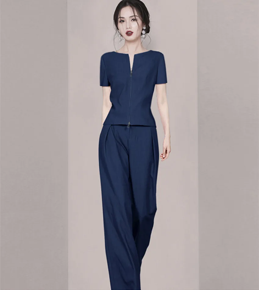 

JSXDHK High Quality Women OL Trousers Suit Elegant Summer Zipper Short Sleeve Tops + Wide Leg Pants Ladies Office Two Piece Set