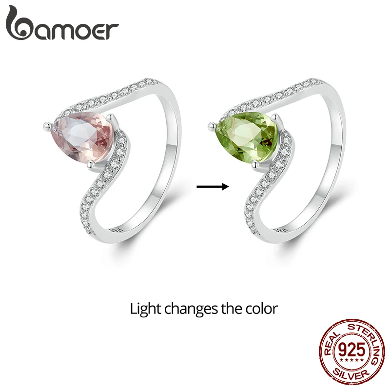 Bamoer 925 Sterling Silver Color-changing Pear Stone Ring Shiny Pave Setting CZ Finger Ring for Women Birthday Gift Fine Jewelry