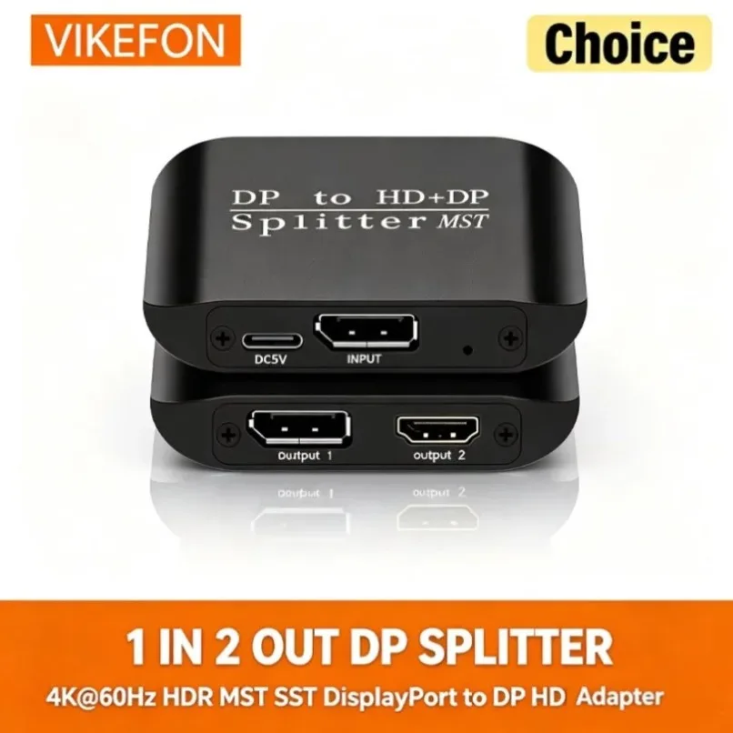VIKEFON 4K@60Hz DP to HDMI DP Splitter 1 in 2 Out HDR MST SST DisplayPort Adapter for Dual Monitor Display Desktop Laptop PC Use