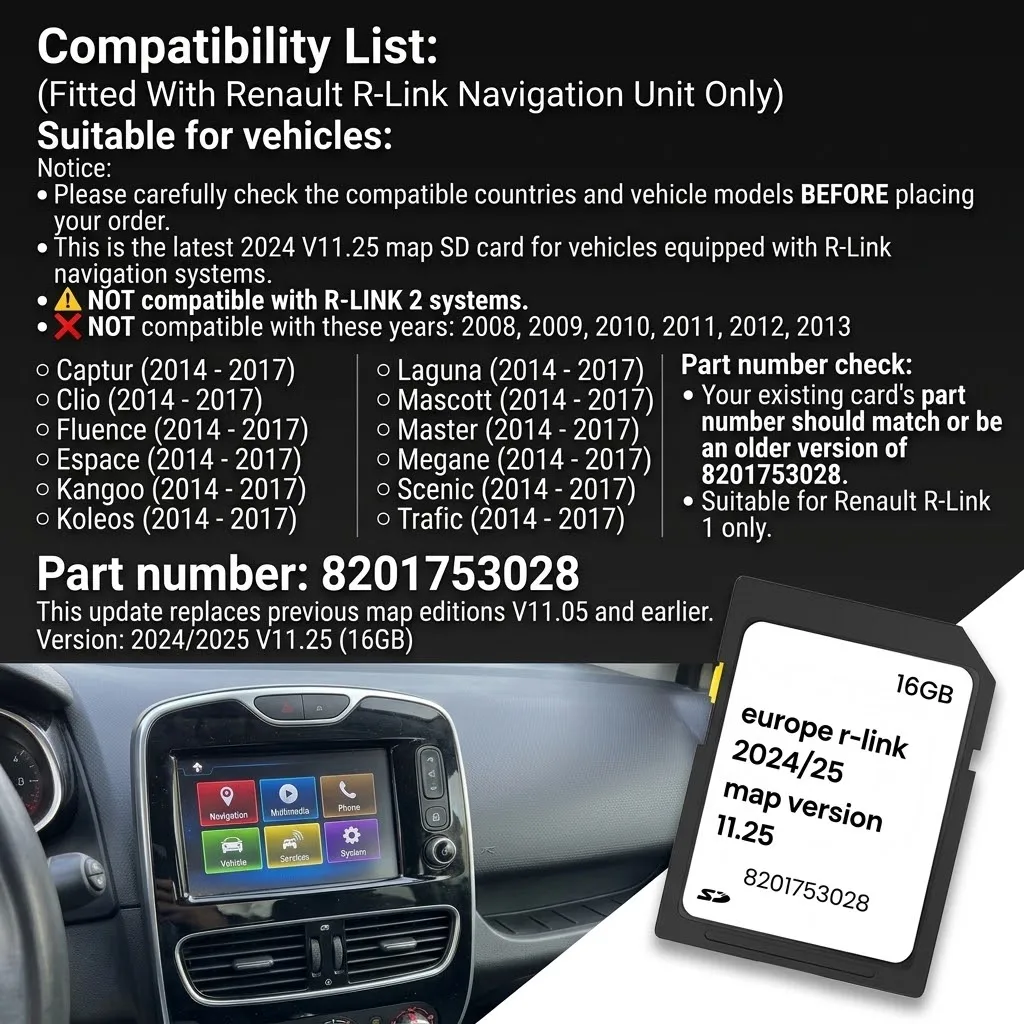 Premium R-Link Sat Nav Map SD Card 2024 V11.25 Europe Map Update Plug & Play Compatible With Renault Vehicles 2014-2017